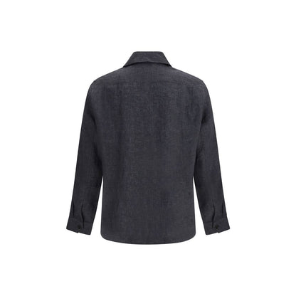 Shirt by Brunello Cucinelli for men in linen gray & patterned showcases a sleek silhouette, elegantly detailed with a sleek and for a sleek finish.