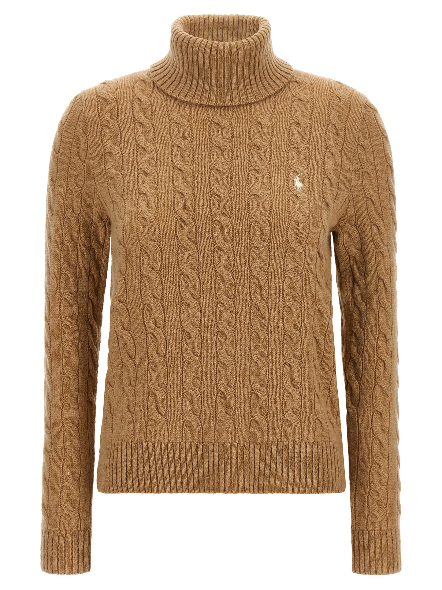 Cardigan by Polo Ralph Lauren for women in cashmere beige & camel features an crisp silhouette, showcasing a sophisticated turtle high-neck neckline and long-sleeve detail for a truly crisp finish.