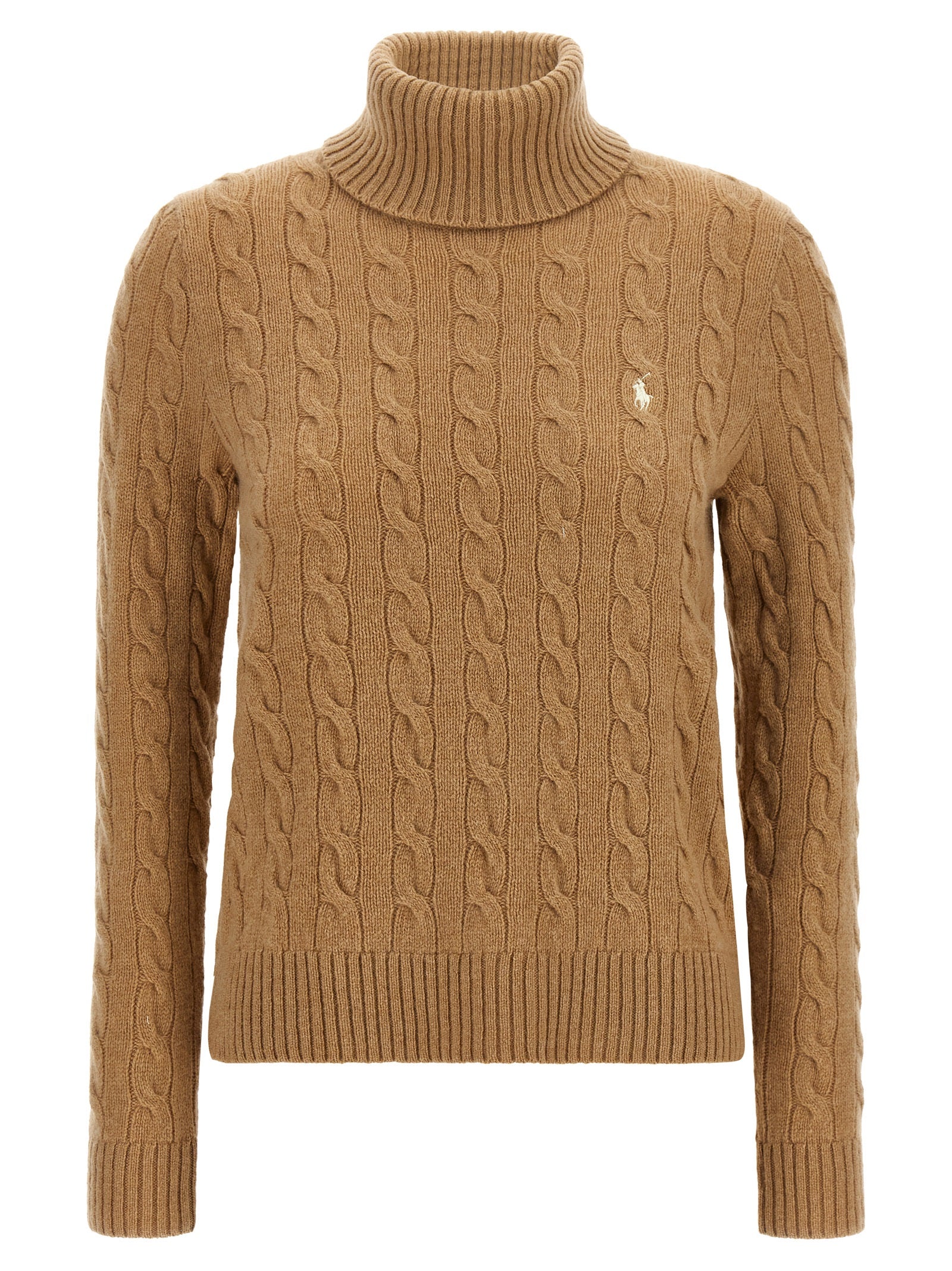 Cardigan by Polo Ralph Lauren for women in cashmere beige & camel features an crisp silhouette, showcasing a sophisticated turtle high-neck neckline and long-sleeve detail for a truly crisp finish.