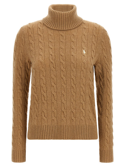 Cardigan by Polo Ralph Lauren for women in cashmere beige & camel features an crisp silhouette, showcasing a sophisticated turtle high-neck neckline and long-sleeve detail for a truly crisp finish.