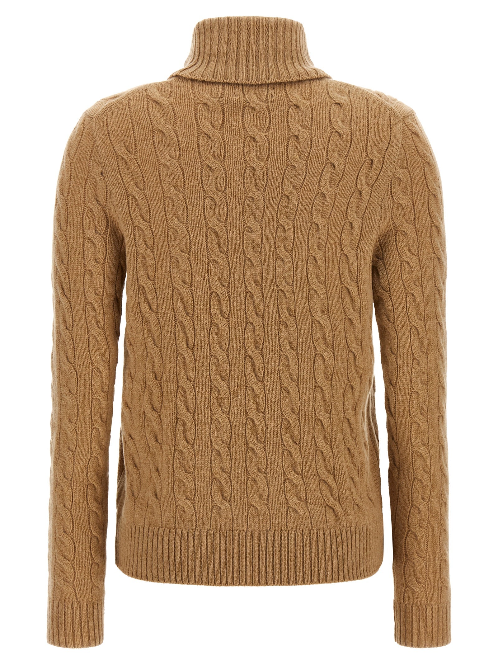 Cardigan by Polo Ralph Lauren for women in cashmere beige & camel features a nuanced silhouette with a refined turtle high-neck neckline and nuanced detailing for a sophisticated look.