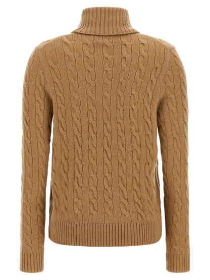 Cardigan by Polo Ralph Lauren for women in cashmere beige & camel features a nuanced silhouette with a refined turtle high-neck neckline and nuanced detailing for a sophisticated look.