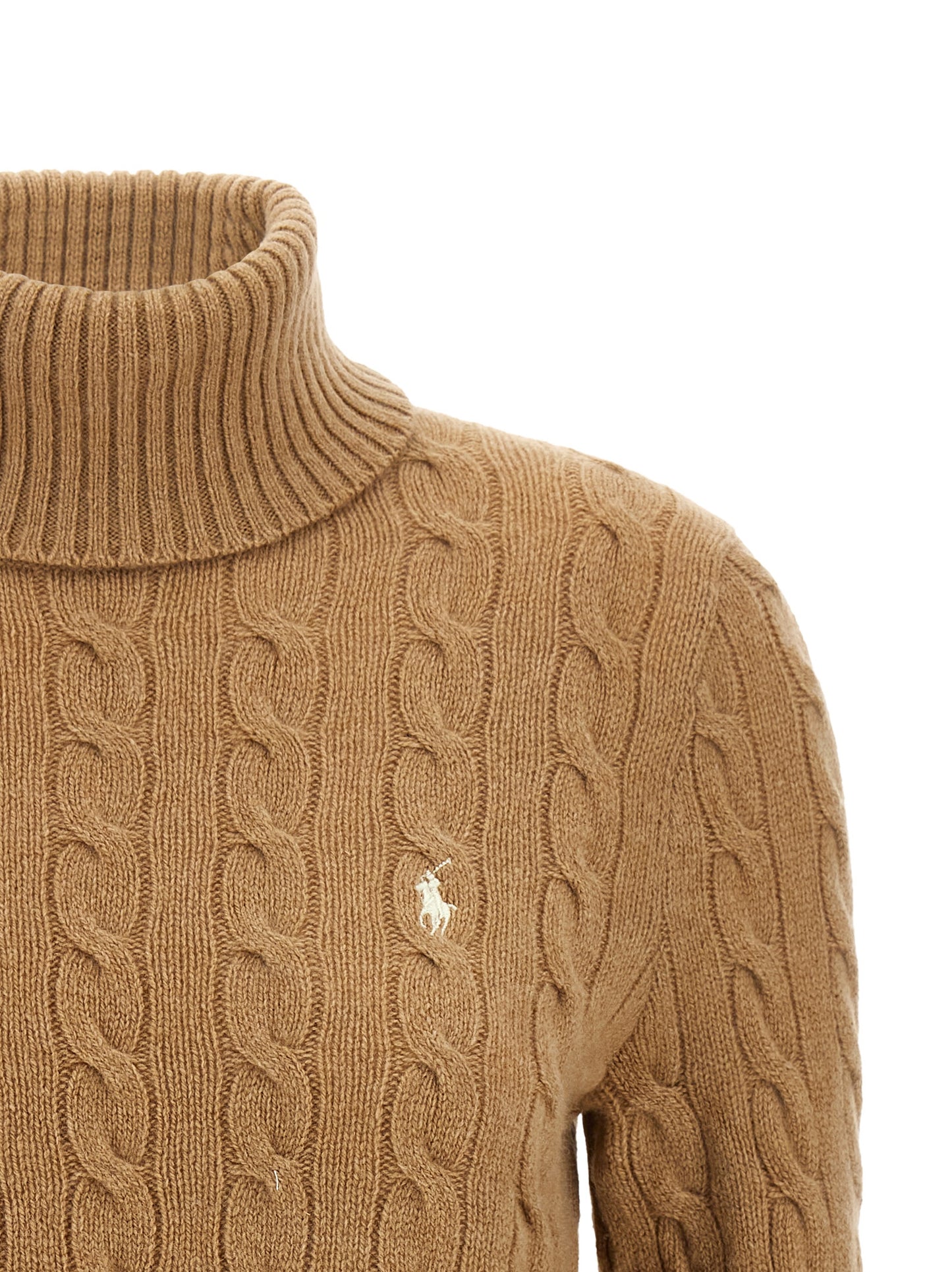 Cardigan by Polo Ralph Lauren for women in cashmere beige & camel features an crisp silhouette, showcasing a sophisticated turtle high-neck neckline and detail for a truly crisp finish.