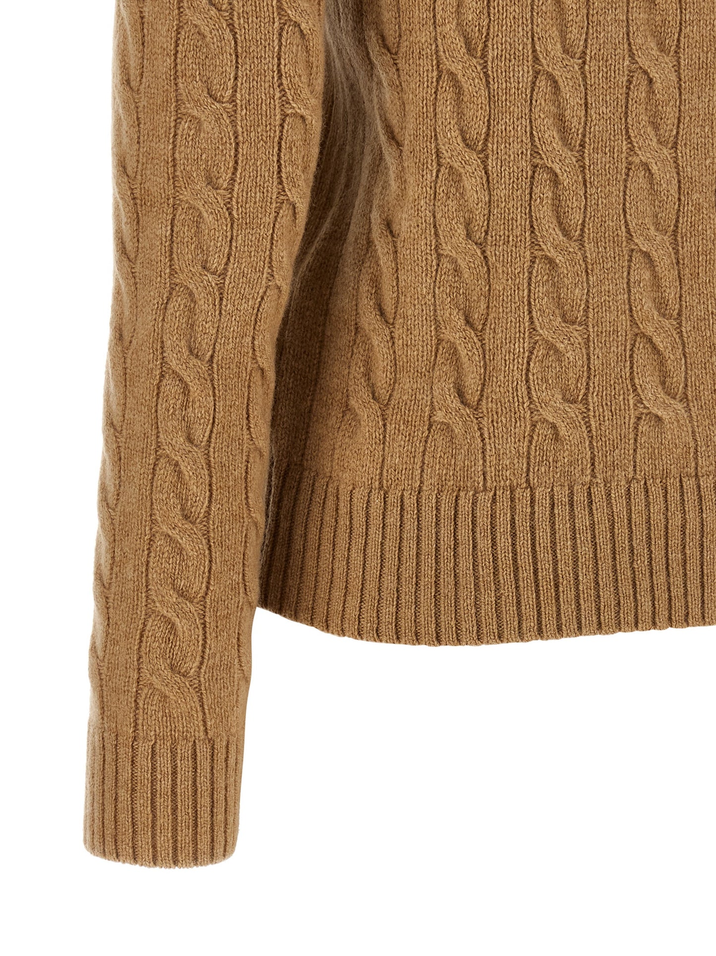 Cardigan by Polo Ralph Lauren for women in cashmere beige & camel features a dramatic silhouette, showcasing a sophisticated and dramatic detail for a timeless, premium look.