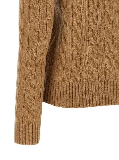 Cardigan by Polo Ralph Lauren for women in cashmere beige & camel features a dramatic silhouette, showcasing a sophisticated and dramatic detail for a timeless, premium look.