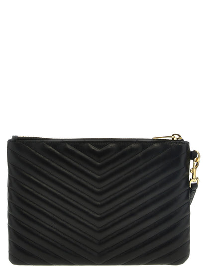 Clutch Handbag by Saint Laurent for women in calfskin leather black showcases a sculptural silhouette, featuring a secure zipper, ample , and versatile wristlet & handle for a sculptural finish.