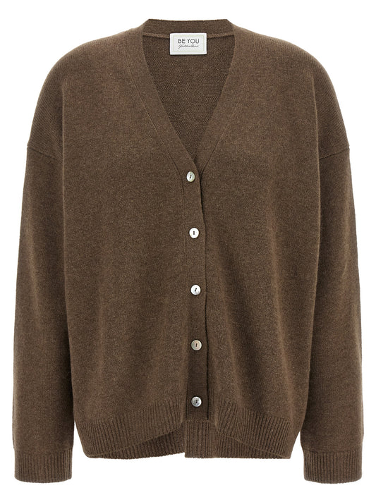 Cardigan by BE YOU for women in cashmere brown features a dramatic silhouette, showcasing a sophisticated v-neck neckline and dramatic detail for a timeless, premium look.