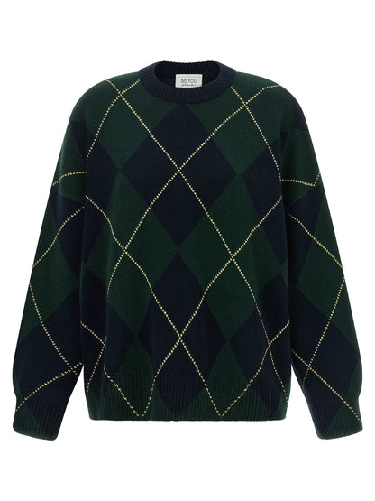 BE YOU Women's Relaxed Fit Crew Neck Cashmere Cardigan - Blue Green Multicolor Patterned
