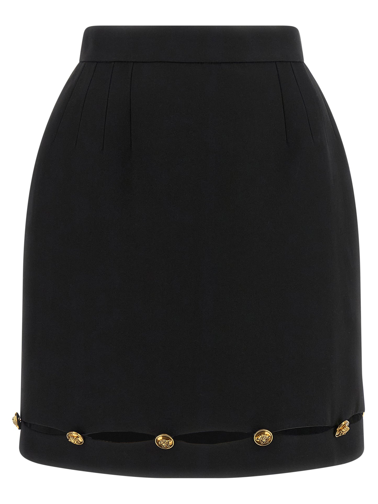 Skirt by Versace for women in virgin wool black & gold features a captivating silhouette, showcasing the captivating De Poudre Medusa Women's High Rise Virgin Wool Mini Long Skirt design with a sophisticated mini long for a captivating look.