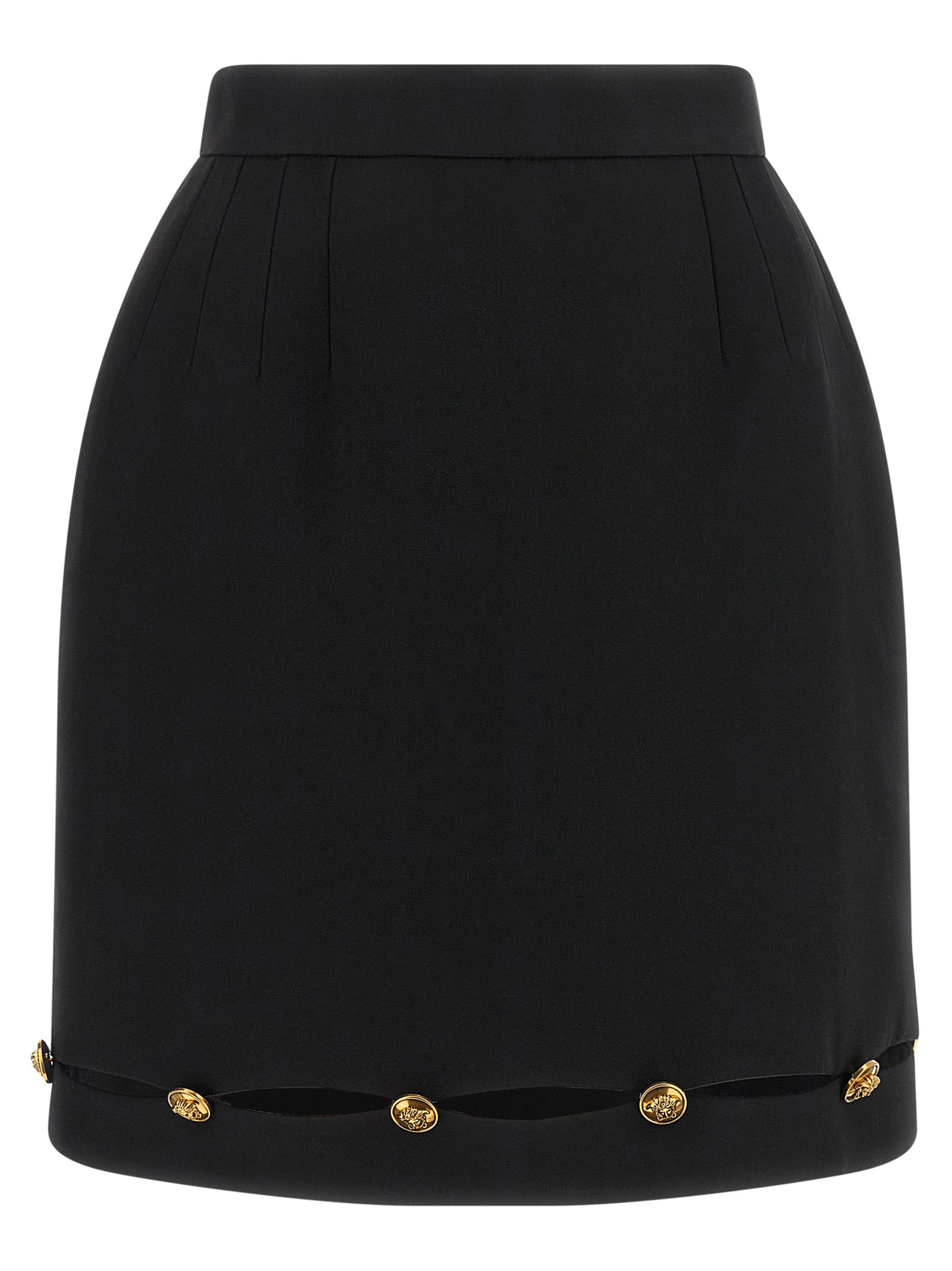 Skirt by Versace for women in virgin wool black & gold features a captivating silhouette, showcasing the captivating De Poudre Medusa Women's High Rise Virgin Wool Mini Long Skirt design with a sophisticated mini long for a captivating look.