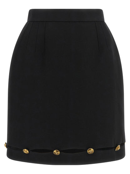 Skirt by Versace for women in virgin wool black & gold features a captivating silhouette, showcasing the captivating De Poudre Medusa Women's High Rise Virgin Wool Mini Long Skirt design with a sophisticated mini long for a captivating look.
