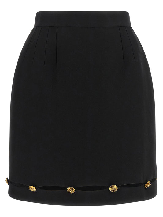 Skirt by Versace for women in virgin wool black & gold features a captivating silhouette, showcasing the captivating De Poudre Medusa Women's High Rise Virgin Wool Mini Long Skirt design with a sophisticated mini long for a captivating look.