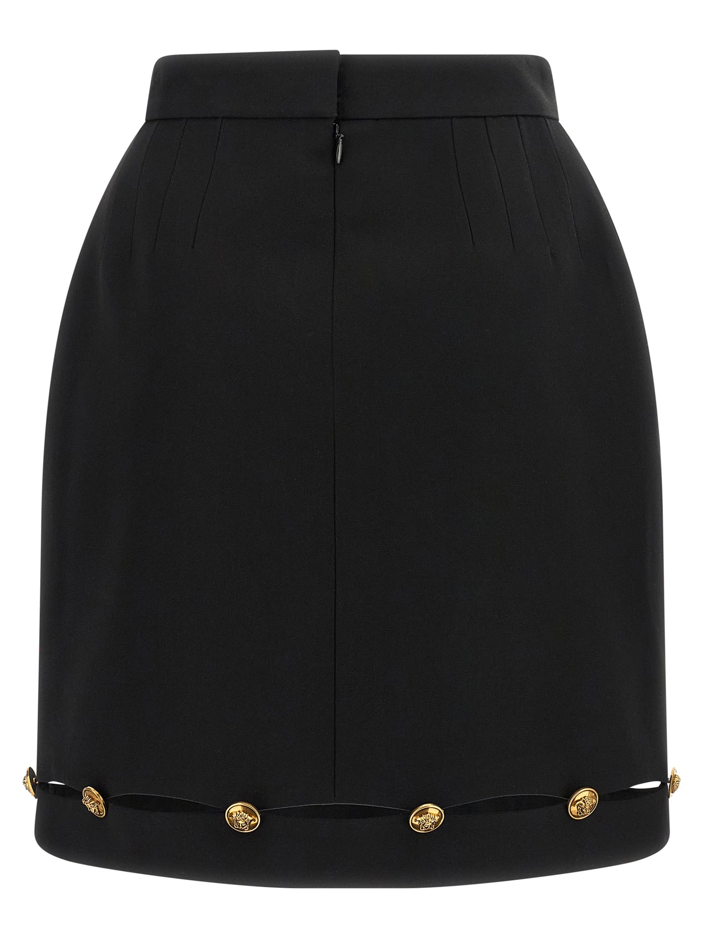 Skirt by Versace for women in virgin wool black & gold showcases a dramatic silhouette, artfully capturing the essence of the De Poudre Medusa Women's High Rise Virgin Wool Mini Long Skirt in a dramatic mini long cut for a refined look.