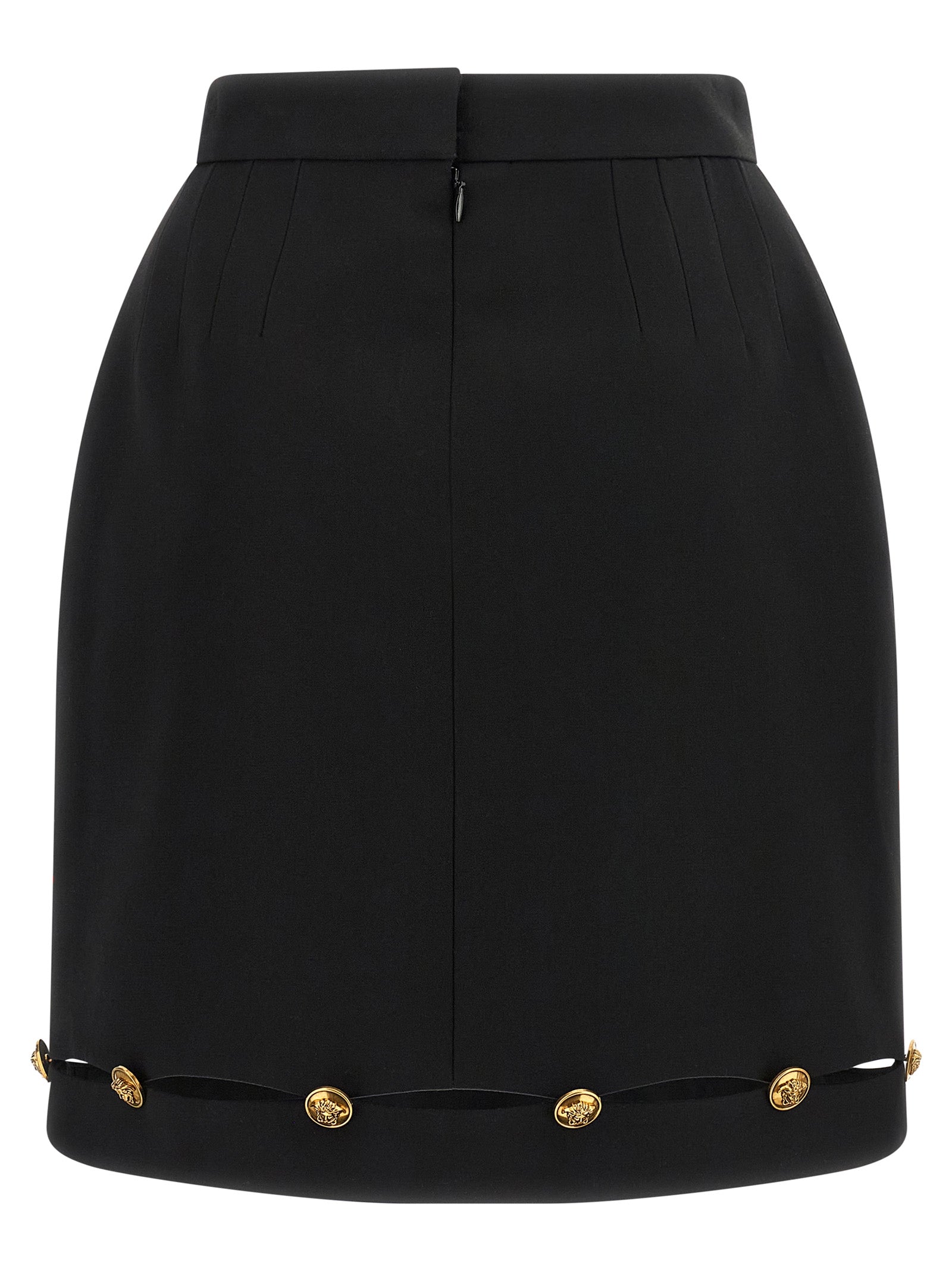 Skirt by Versace for women in virgin wool black & gold showcases a dramatic silhouette, artfully capturing the essence of the De Poudre Medusa Women's High Rise Virgin Wool Mini Long Skirt in a dramatic mini long cut for a refined look.