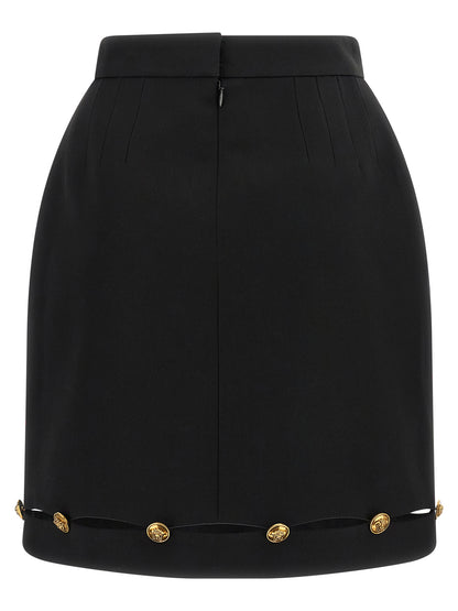 Skirt by Versace for women in virgin wool black & gold showcases a dramatic silhouette, artfully capturing the essence of the De Poudre Medusa Women's High Rise Virgin Wool Mini Long Skirt in a dramatic mini long cut for a refined look.