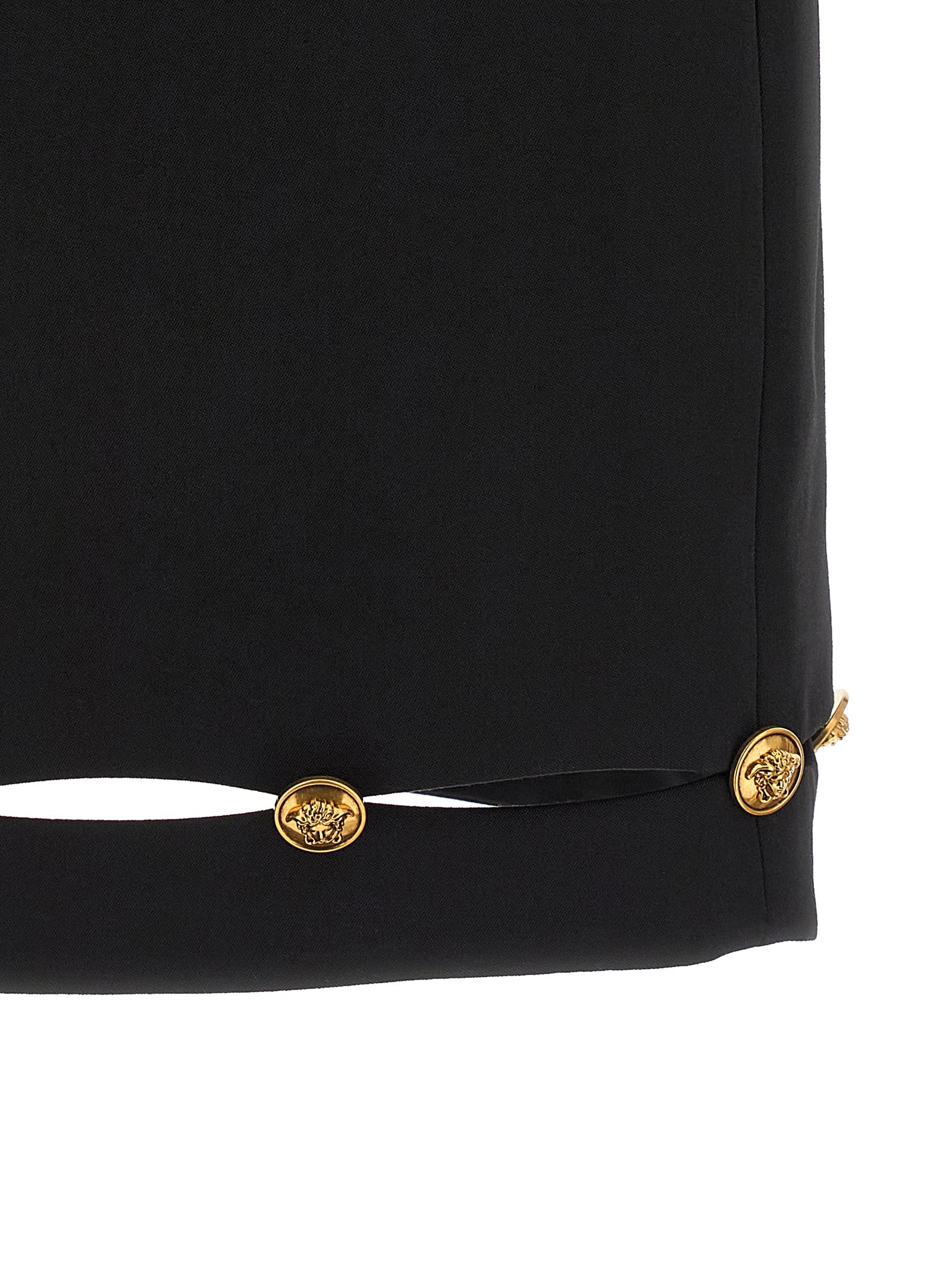 Skirt by Versace for women in virgin wool black & gold features an relaxed-yet-refined silhouette that elegantly showcases the De Poudre Medusa Women's High Rise Virgin Wool Mini Long Skirt design and sophisticated mini long.