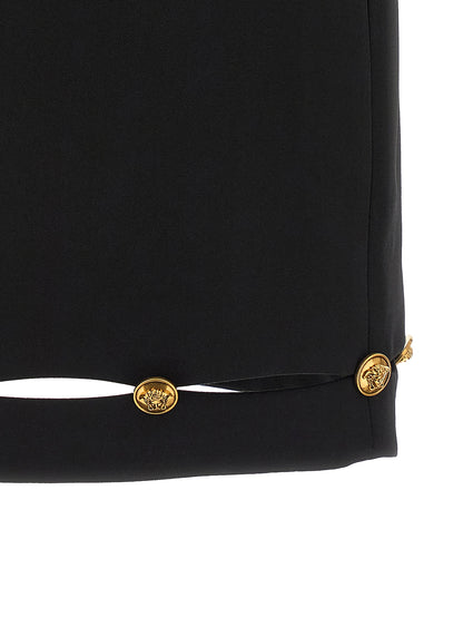 Skirt by Versace for women in virgin wool black & gold features an relaxed-yet-refined silhouette that elegantly showcases the De Poudre Medusa Women's High Rise Virgin Wool Mini Long Skirt design and sophisticated mini long.