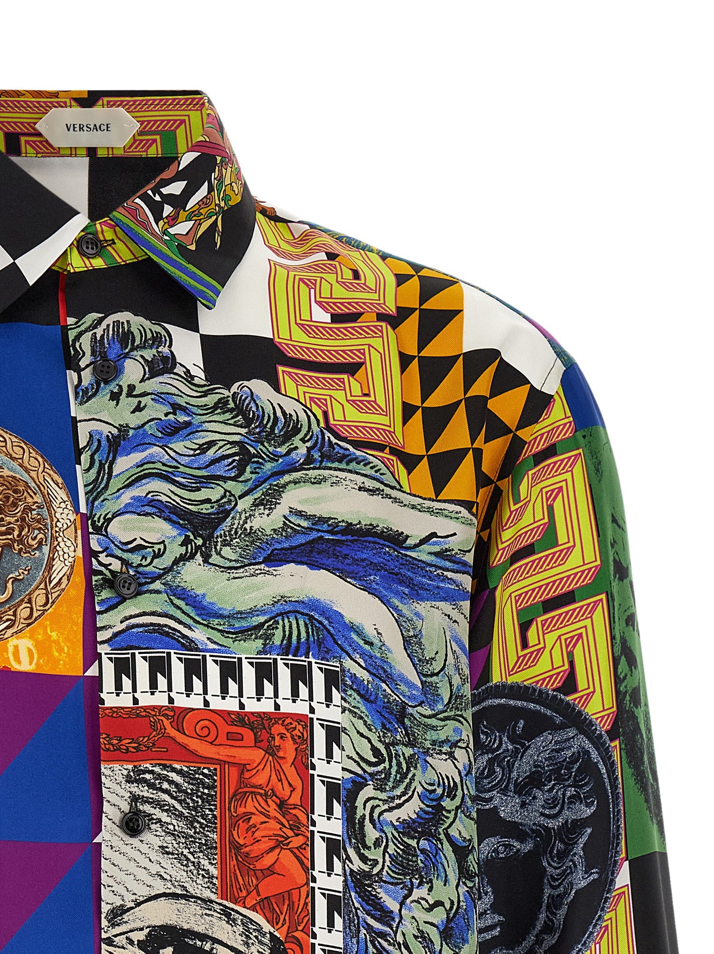 Shirt by Versace for men in silk twill multicolor & print showcases a sharp silhouette, elegantly detailed with a sharp and sharp .