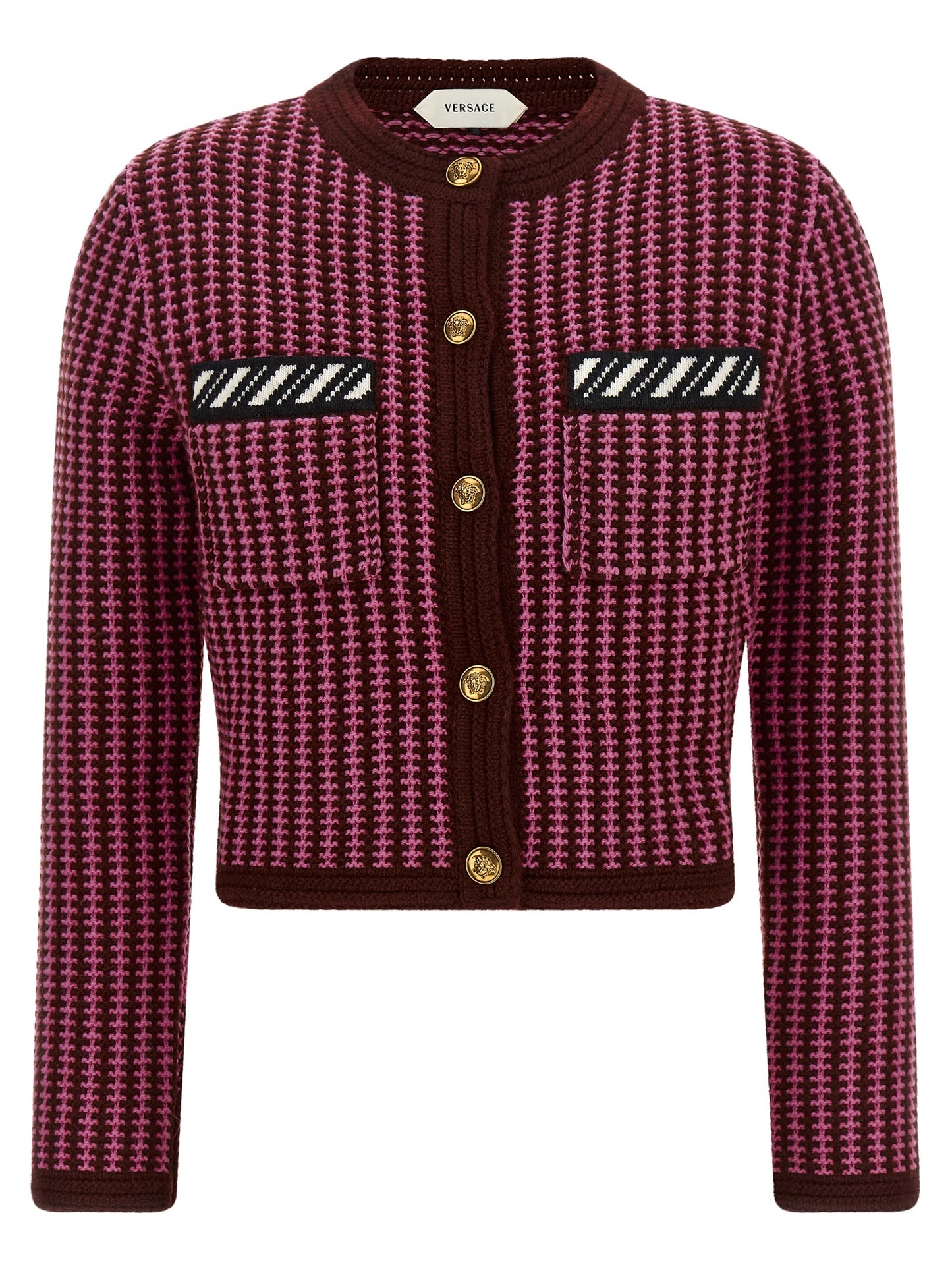 Cardigan by Versace for women in virgin wool burgundy, gold, multicolor, pink & patterned showcases a captivating silhouette, artfully detailed with a captivating and round neckline for a truly sophisticated captivating look.