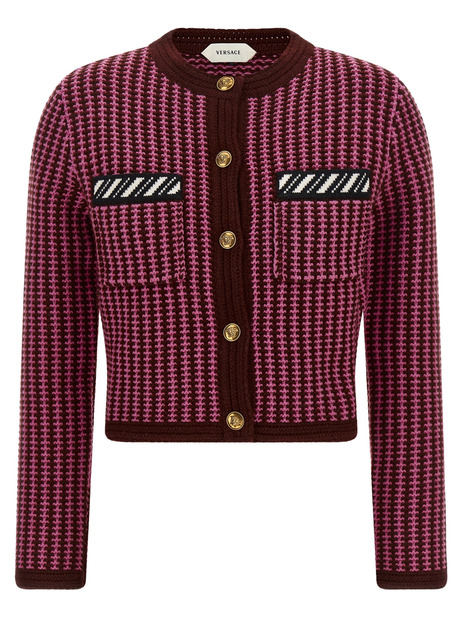 Cardigan by Versace for women in virgin wool burgundy, gold, multicolor, pink & patterned showcases a captivating silhouette, artfully detailed with a captivating and round neckline for a truly sophisticated captivating look.