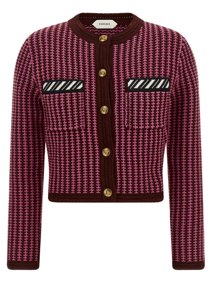 Cardigan by Versace for women in virgin wool burgundy, gold, multicolor, pink & patterned showcases a captivating silhouette, artfully detailed with a captivating and round neckline for a truly sophisticated captivating look.