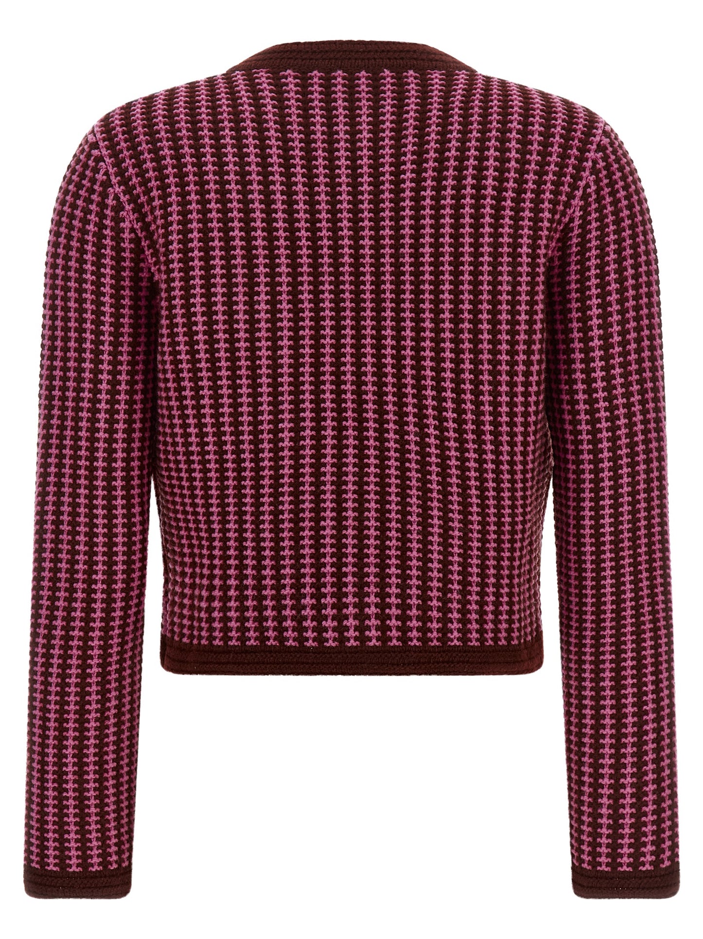 Cardigan by Versace for women in virgin wool burgundy, gold, multicolor, pink & patterned showcases a luxurious silhouette, meticulously detailed with a sophisticated round neckline and for a refined finish.
