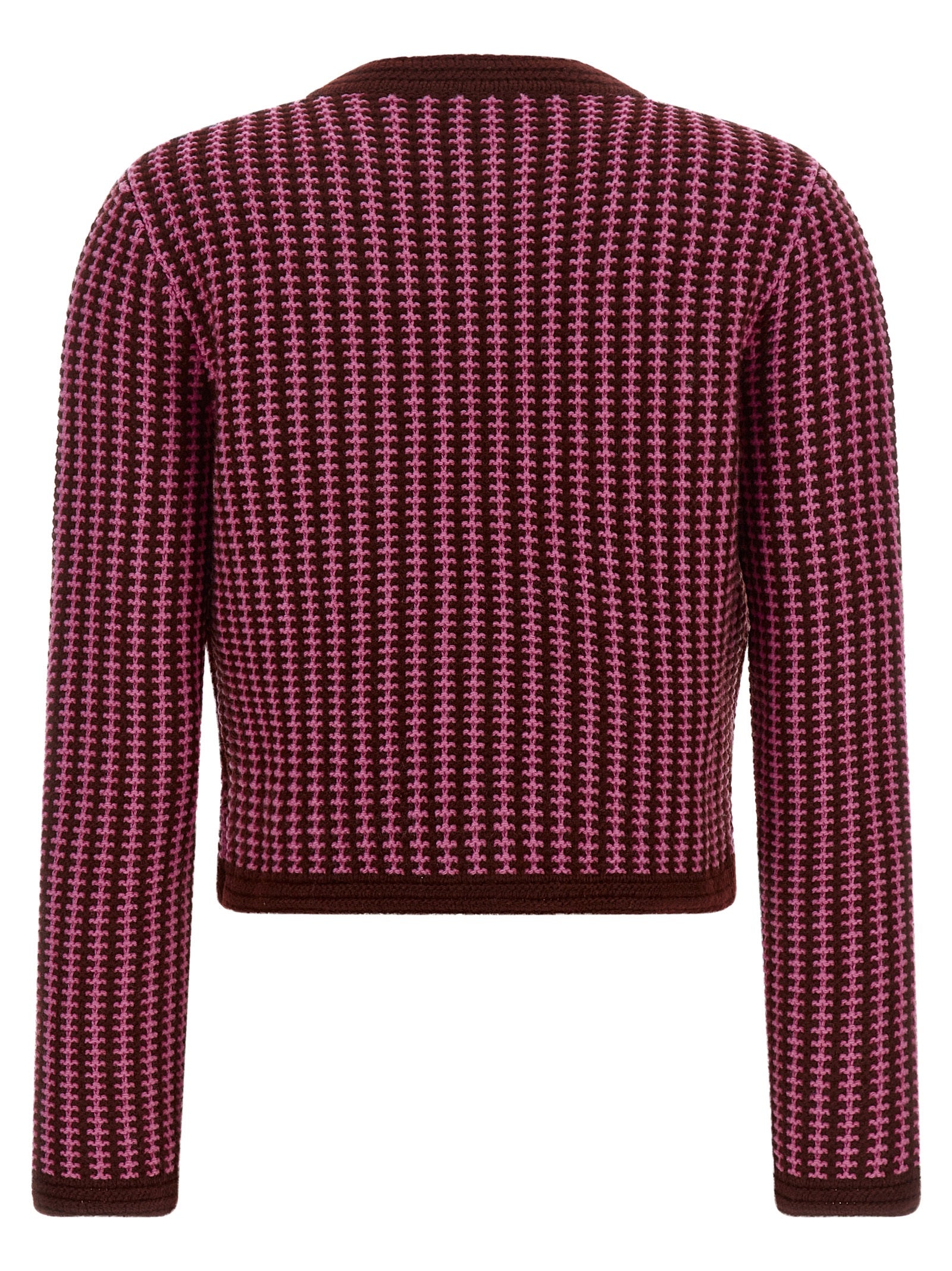 Cardigan by Versace for women in virgin wool burgundy, gold, multicolor, pink & patterned showcases a luxurious silhouette, meticulously detailed with a sophisticated round neckline and for a refined finish.