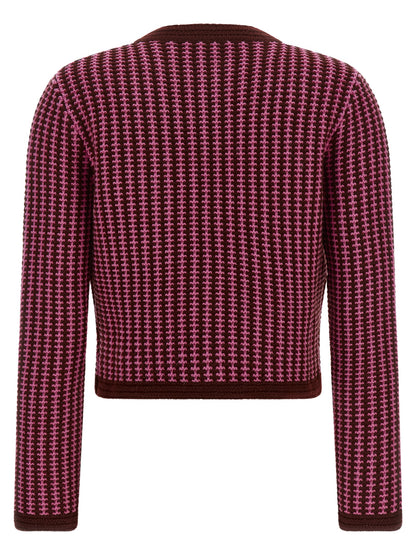 Cardigan by Versace for women in virgin wool burgundy, gold, multicolor, pink & patterned showcases a luxurious silhouette, meticulously detailed with a sophisticated round neckline and for a refined finish.