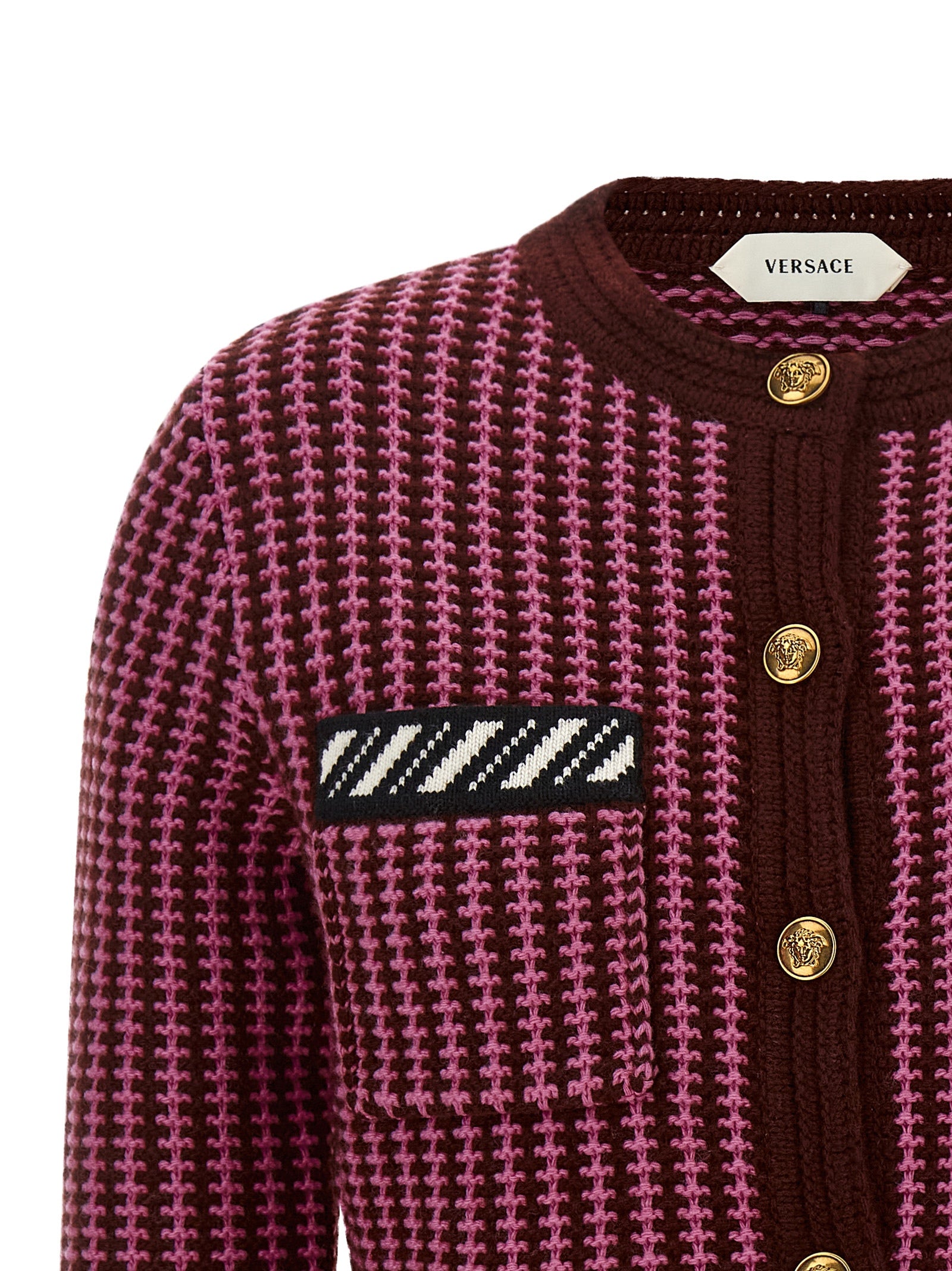 Cardigan by Versace for women in virgin wool burgundy, gold, multicolor, pink & patterned features a dramatic silhouette, showcasing a sophisticated round neckline and dramatic detail for a timeless, premium look.