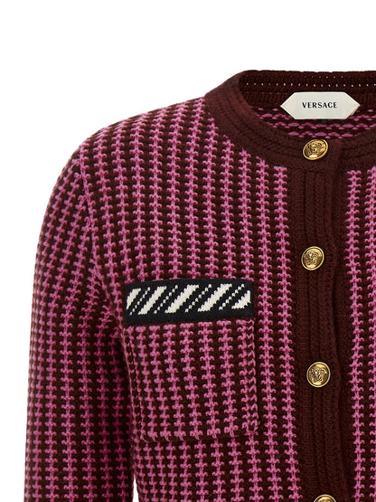 Cardigan by Versace for women in virgin wool burgundy, gold, multicolor, pink & patterned features a dramatic silhouette, showcasing a sophisticated round neckline and dramatic detail for a timeless, premium look.