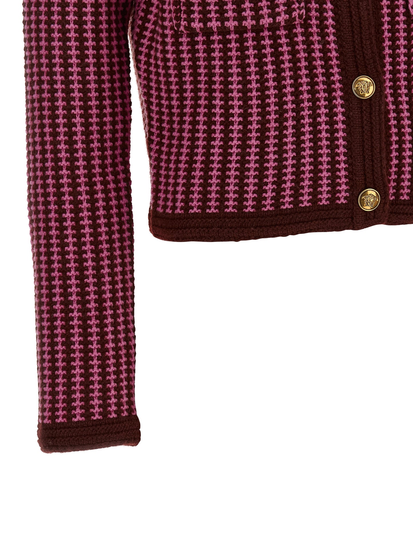 Cardigan by Versace for women in virgin wool burgundy, gold, multicolor, pink & patterned features a nuanced silhouette with a refined and nuanced detailing for a sophisticated look.