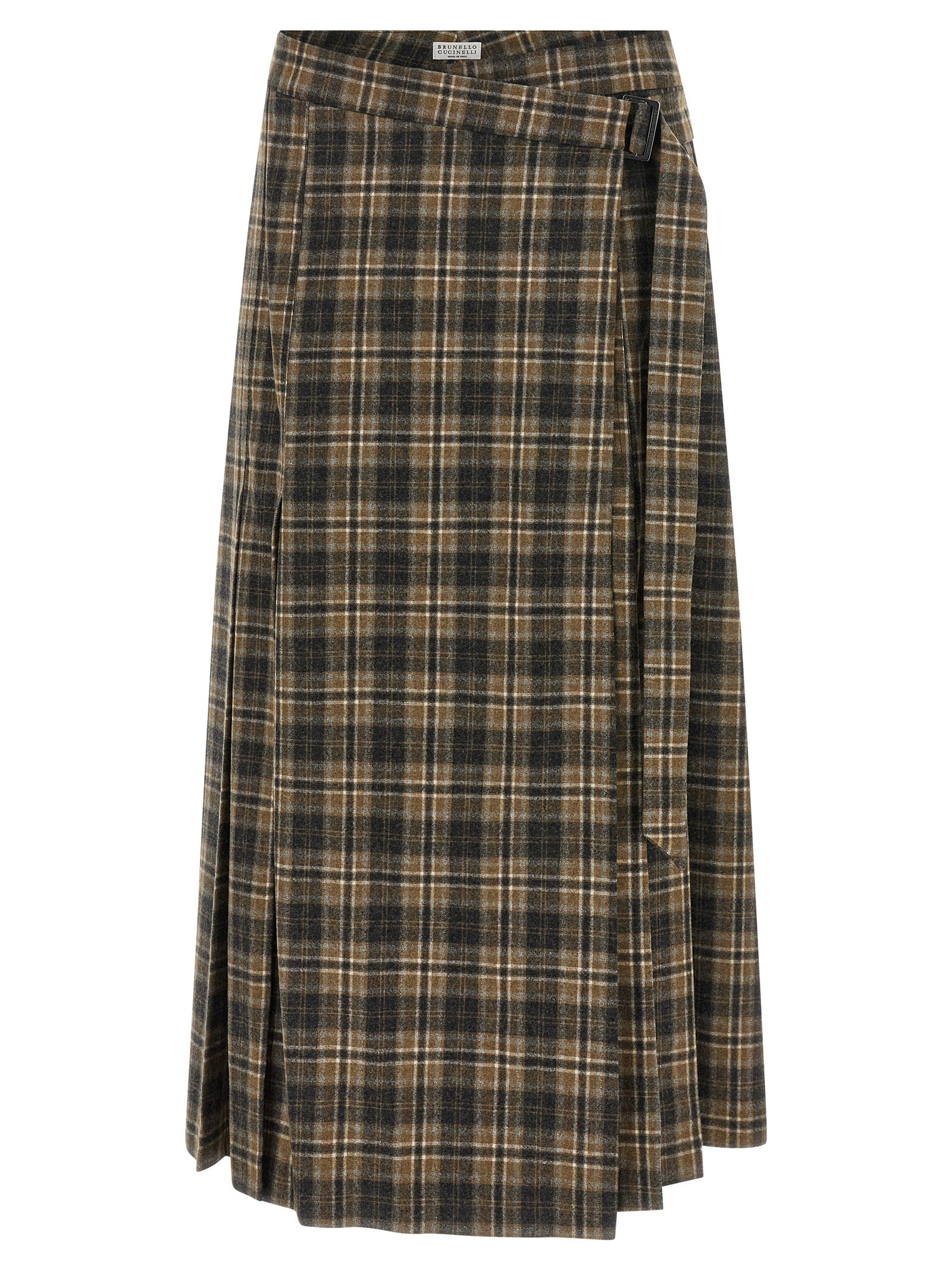 Skirt by Brunello Cucinelli for women in virgin wool black, brown, white, patterned & tartan features a contoured silhouette from the Women's Pleated Flared Virgin Wool Mini Skirt collection, characterized by its contoured mini for a contoured finish.