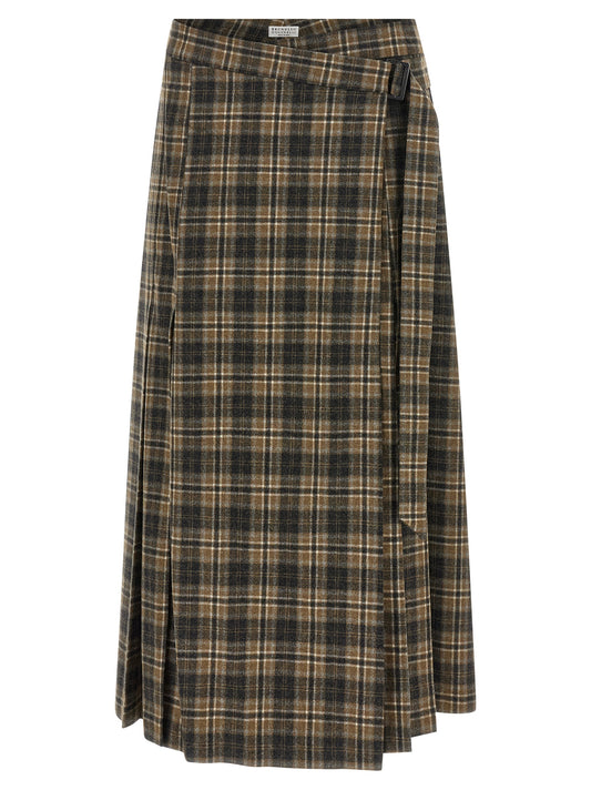 Skirt by Brunello Cucinelli for women in virgin wool black, brown, white, patterned & tartan features a contoured silhouette from the Women's Pleated Flared Virgin Wool Mini Skirt collection, characterized by its contoured mini for a contoured finish.