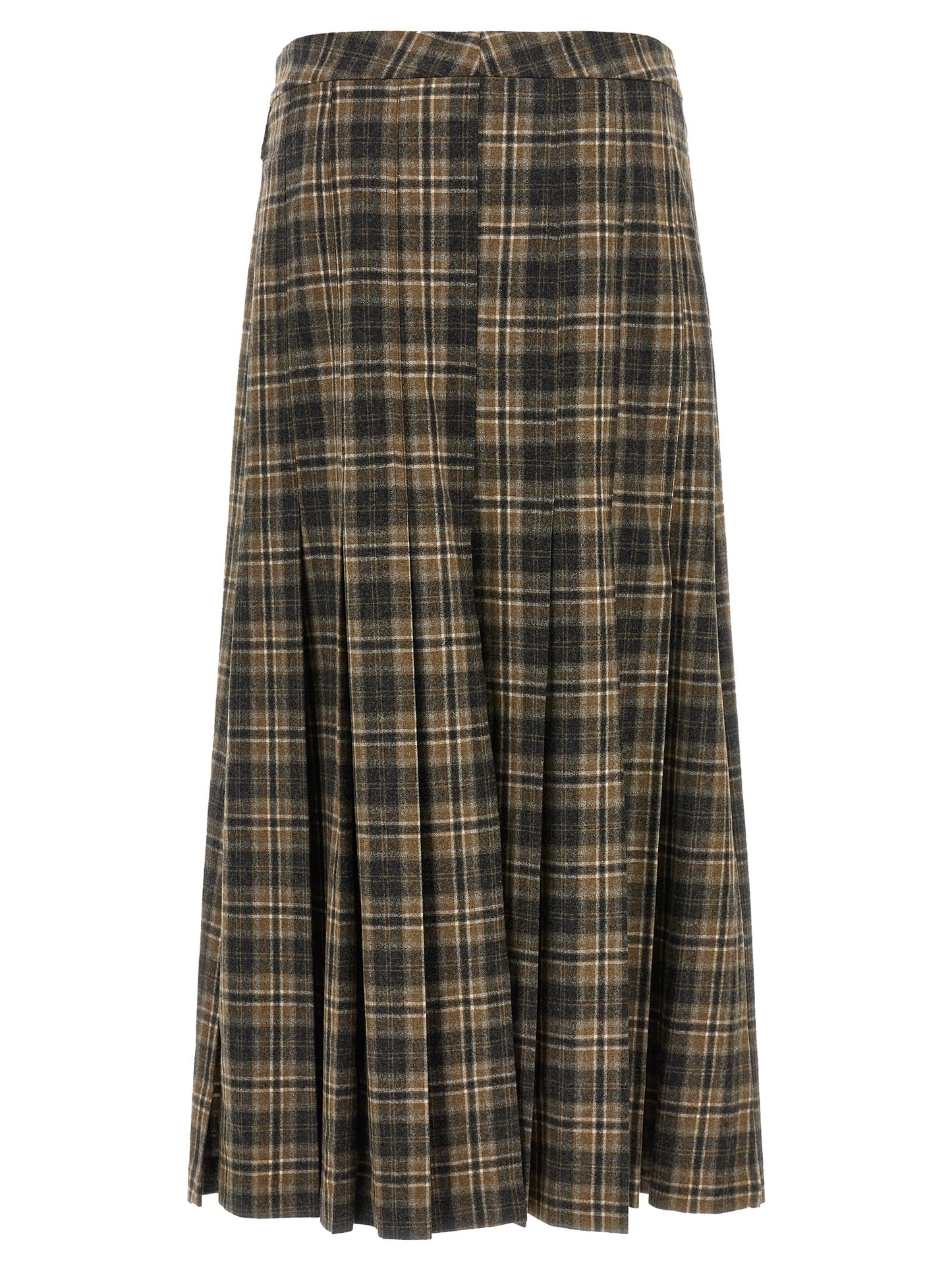 Skirt by Brunello Cucinelli for women in virgin wool black, brown, white, patterned & tartan showcases a dramatic silhouette, artfully capturing the essence of the Women's Pleated Flared Virgin Wool Mini Skirt in a dramatic mini cut for a refined look.