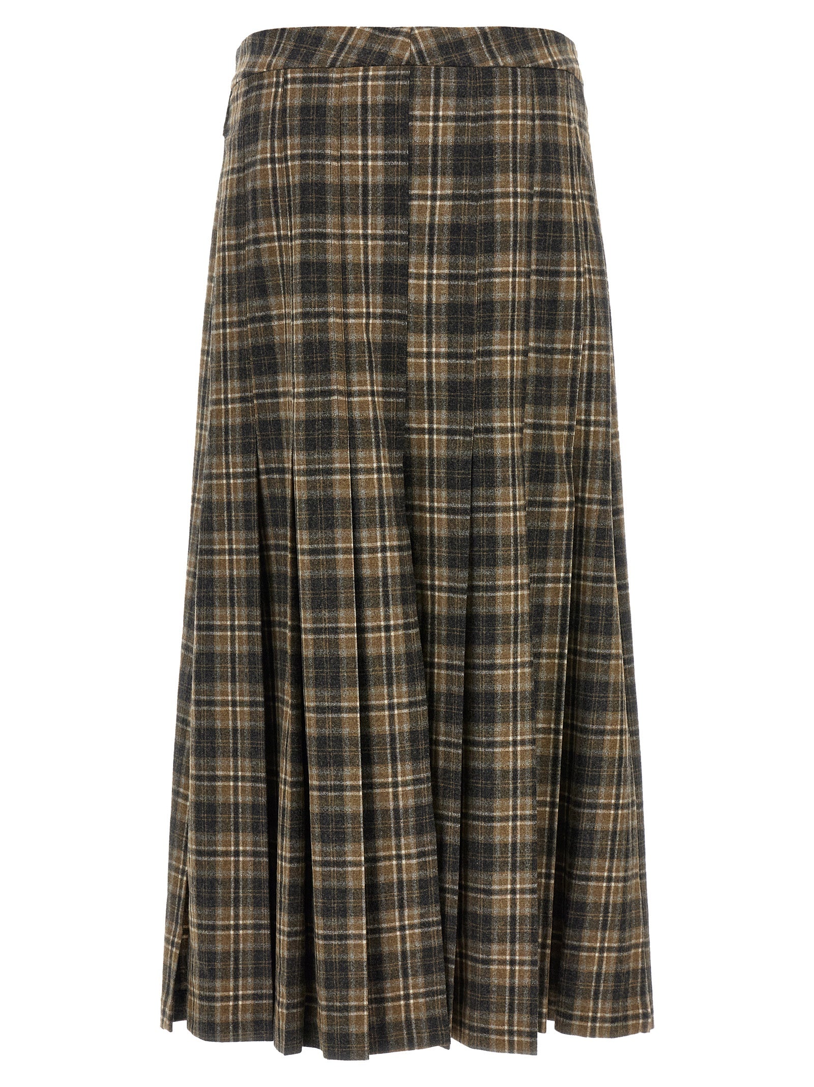 Skirt by Brunello Cucinelli for women in virgin wool black, brown, white, patterned & tartan showcases a dramatic silhouette, artfully capturing the essence of the Women's Pleated Flared Virgin Wool Mini Skirt in a dramatic mini cut for a refined look.