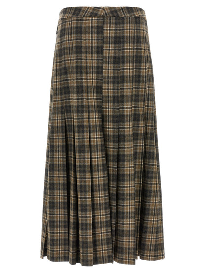 Skirt by Brunello Cucinelli for women in virgin wool black, brown, white, patterned & tartan showcases a dramatic silhouette, artfully capturing the essence of the Women's Pleated Flared Virgin Wool Mini Skirt in a dramatic mini cut for a refined look.