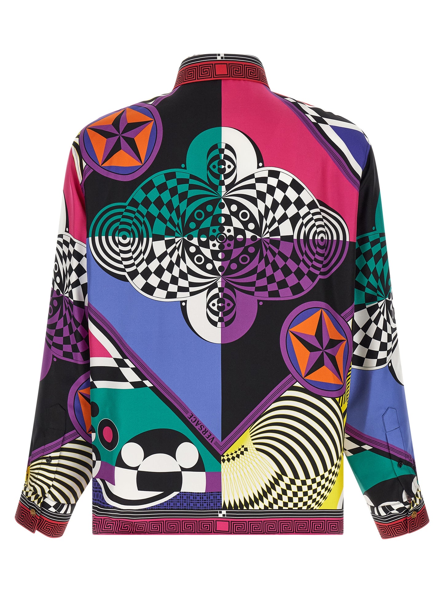 Blouse by Versace for women in silk twill gold, multicolor, patterned & print showcases a sharp silhouette, elegantly detailed with a sharp and sharp .