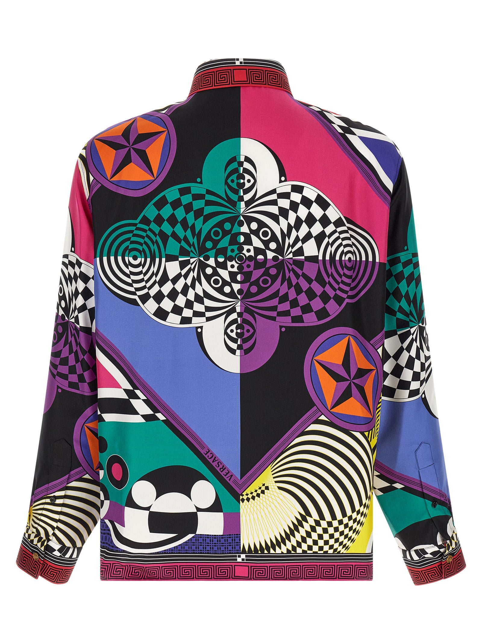 Blouse by Versace for women in silk twill gold, multicolor, patterned & print showcases a sharp silhouette, elegantly detailed with a sharp and sharp .