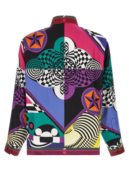 Blouse by Versace for women in silk twill gold, multicolor, patterned & print showcases a sharp silhouette, elegantly detailed with a sharp and sharp .