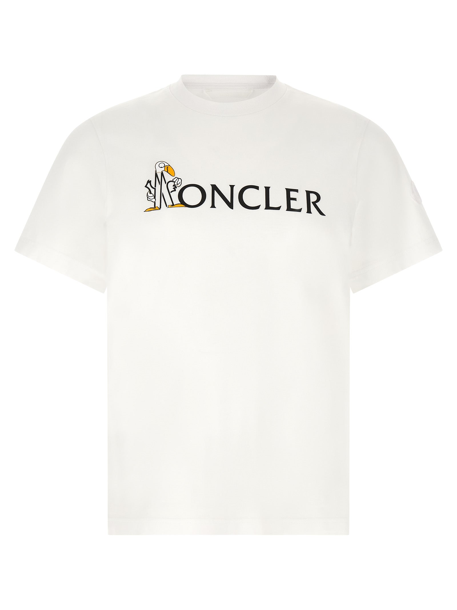 T-Shirt by Moncler for men in cotton felt white & print features an edgy silhouette, meticulously detailed with a sophisticated short-sleeve and crew neckline for a truly edgy finish.