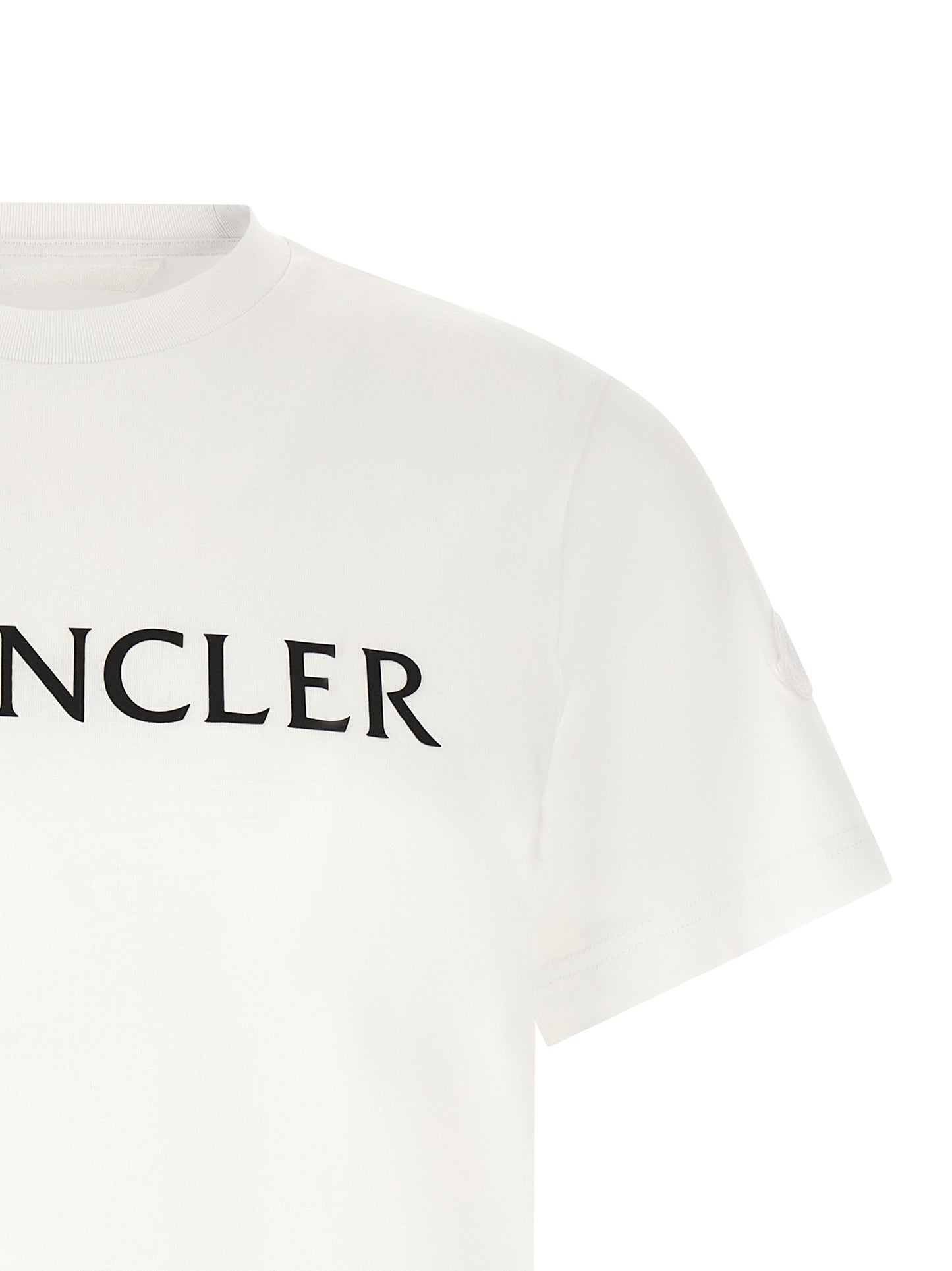 T-Shirt by Moncler for men in cotton felt white & print showcases a chic silhouette, artfully detailed with a chic crew neckline and for a chic finish.