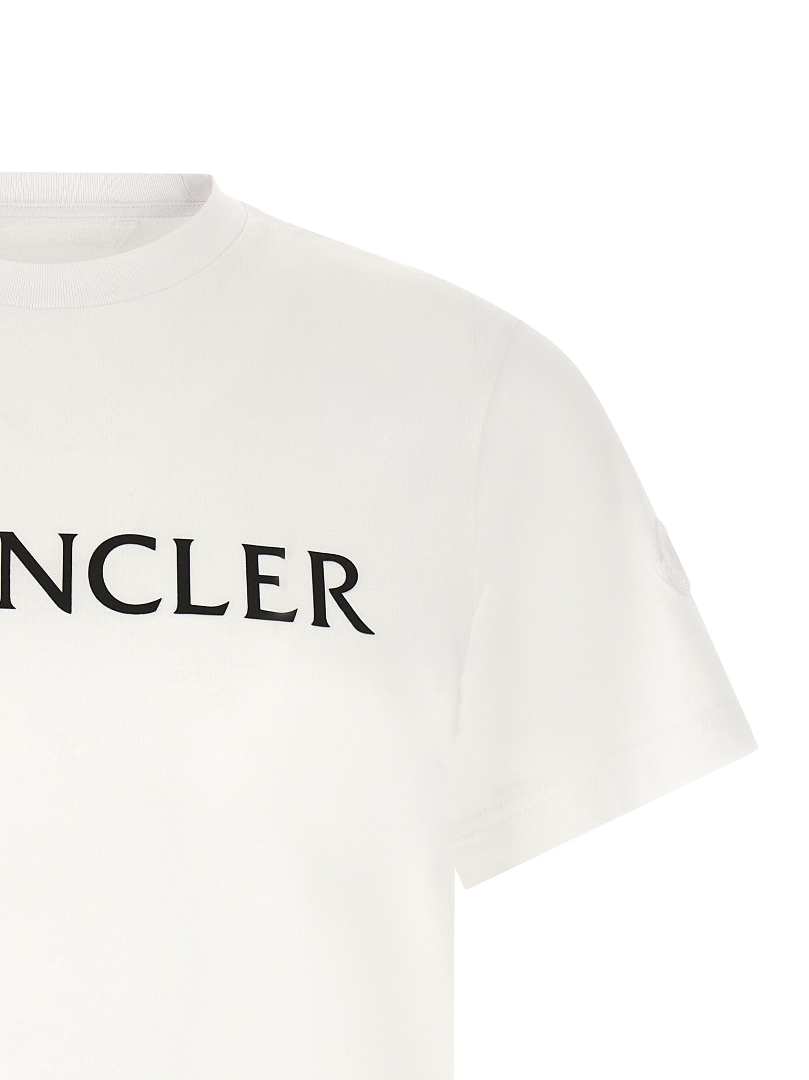 T-Shirt by Moncler for men in cotton felt white & print showcases a chic silhouette, artfully detailed with a chic crew neckline and for a chic finish.