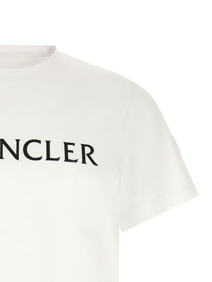 T-Shirt by Moncler for men in cotton felt white & print showcases a chic silhouette, artfully detailed with a chic crew neckline and for a chic finish.