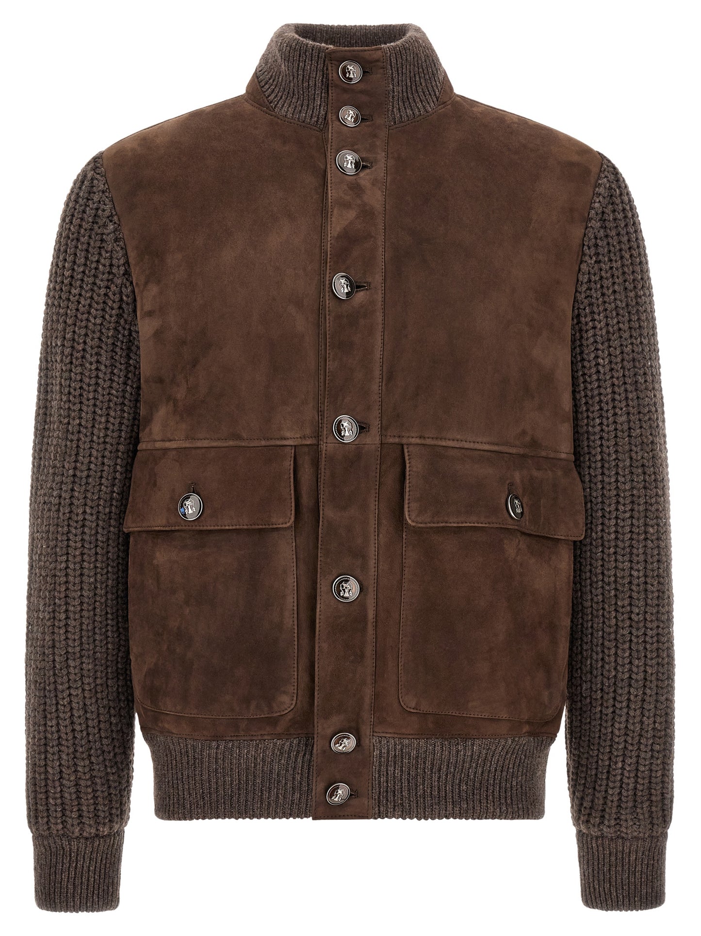 Jacket by Brunello Cucinelli for men in suede lamb leather brown presents a impeccable silhouette, showcasing distinct pockets and a impeccable high-neck neckline for a sophisticated finish.