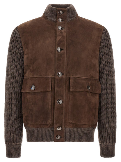 Jacket by Brunello Cucinelli for men in suede lamb leather brown presents a impeccable silhouette, showcasing distinct pockets and a impeccable high-neck neckline for a sophisticated finish.