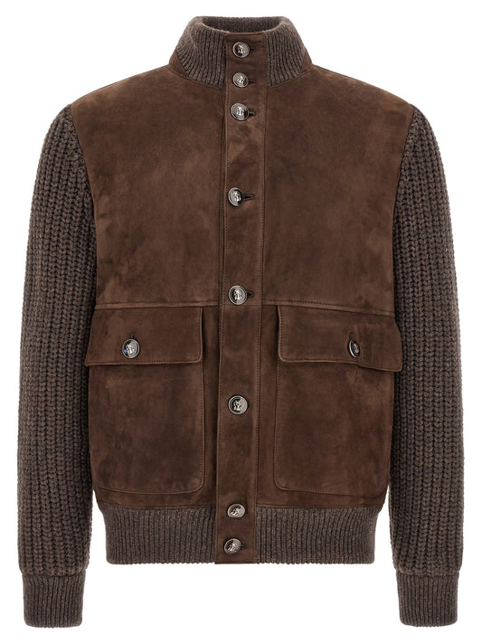 Jacket by Brunello Cucinelli for men in suede lamb leather brown presents a impeccable silhouette, showcasing distinct pockets and a impeccable high-neck neckline for a sophisticated finish.