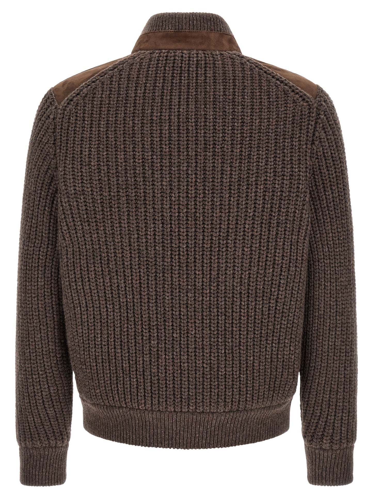 Jacket by Brunello Cucinelli for men in suede lamb leather brown features an utilitarian silhouette with a refined high-neck neckline, showcasing sophisticated pockets for an utilitarian aesthetic.
