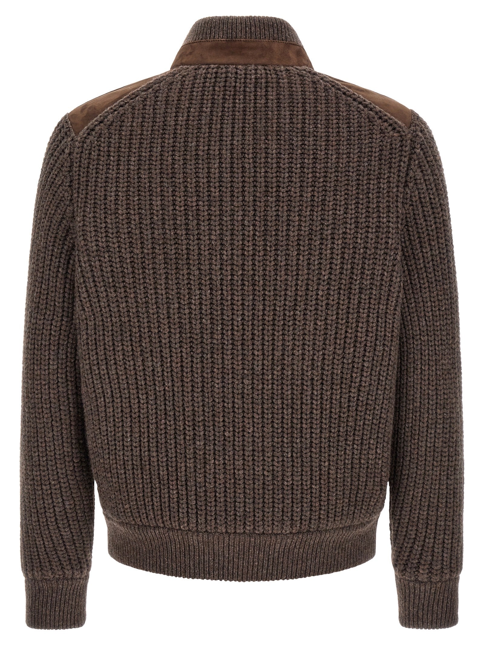 Jacket by Brunello Cucinelli for men in suede lamb leather brown features an utilitarian silhouette with a refined high-neck neckline, showcasing sophisticated pockets for an utilitarian aesthetic.