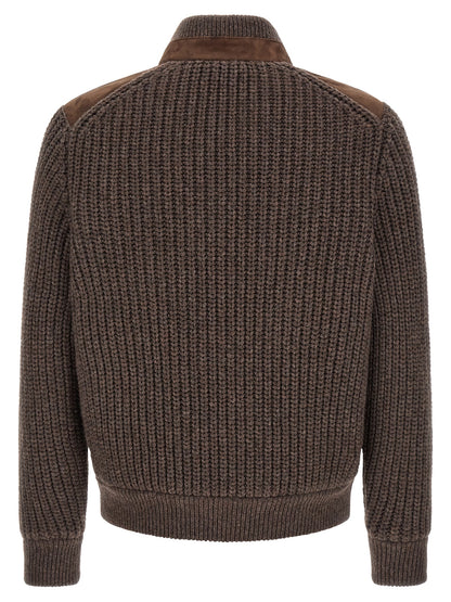Jacket by Brunello Cucinelli for men in suede lamb leather brown features an utilitarian silhouette with a refined high-neck neckline, showcasing sophisticated pockets for an utilitarian aesthetic.