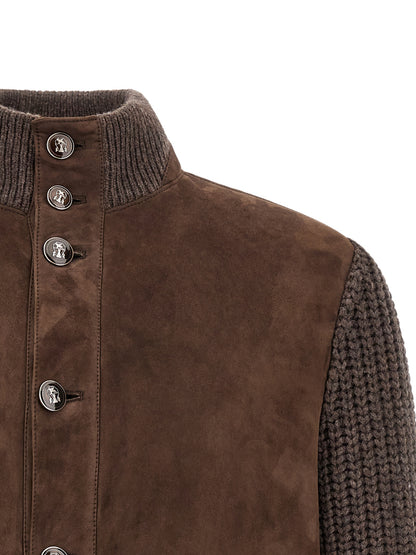 This Jacket by Brunello Cucinelli for men in suede lamb leather brown showcases a magnificent silhouette, meticulously crafted with a distinctive high-neck neckline and functional pockets for a magnificent finish.